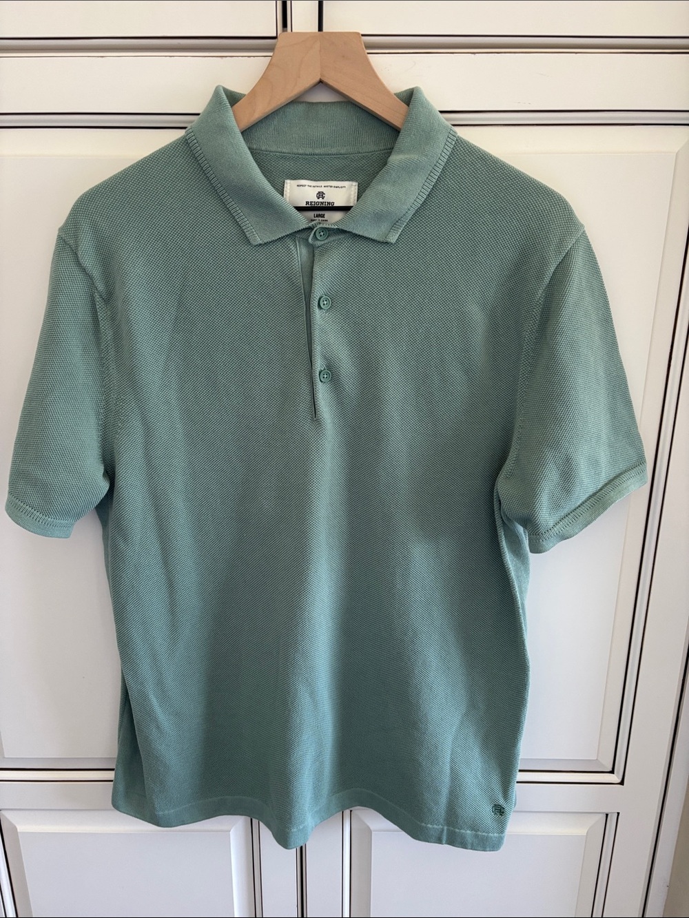 Reigning Champ Knit Polo Shirt Green Cotton Pique Logo Short Sleeve Mens Large